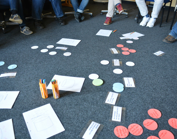Workshop-Auswertung Moderationskarten liegen auf dem Boden