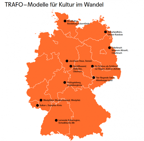 Bild zeigt eine Deutschlandkarte, auf der die im TRAFO-Programm beteiligten Regionen markiert sind