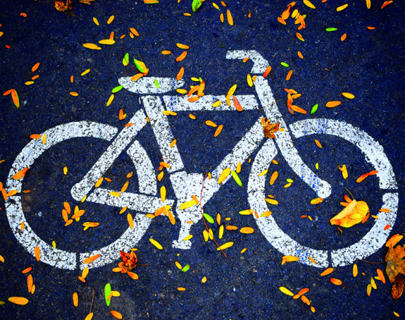 Fahrradmarkierung auf Straße mit Blättern Fahrradmarkierung auf Straße mit Blättern